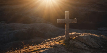 AI Generated. The soft glow of the sunrise casting a warm and comforting light over the cross or empty tomb, reminding us of the power of Gods love and the promise of eternal lifeの素材