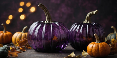AI Generated. Vintage purple glass pumpkin decoration Thanksgiving and Halloween concept Autumn food backgroundの素材