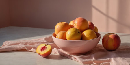 AI Generated. The play of shapes and light in the interior of pastel pink and peach tones Bowl with fruit Morning, fresh, healthyの素材
