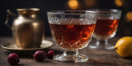 AI Generated. Turkish tea in a traditional glass on the table close-upの素材