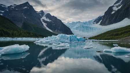 AI Generated. The majestic presence of a glacier looms over a remote lake its icy waters boasting miraculous healing propertiesの素材