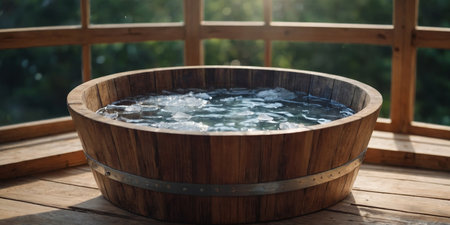 AI Generated. A simple and soothing way to soothe sore muscles this ice bath in a wooden tub provides a natural form of recoveryの素材