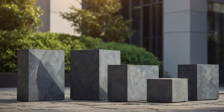 AI Generated. A mix of square and triangular plinths in different sizes creating a visually interesting displayの素材