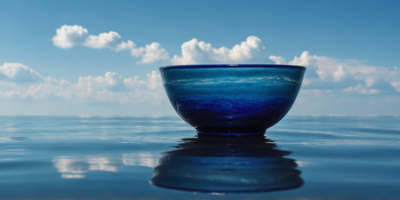 AI Generated. A glossy blue bowl gracefully floats on a calm water surface under a vast expanse of bright blue sky with fluffy clouds, creating a peaceful and meditative sceneの素材