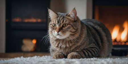 AI Generated. A British cat warms itself in winter near the fireplaceの素材