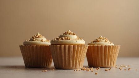 AI Generated. Abstract food idea of golden baking cups using cubes on pastel beige background Copy spaceの素材