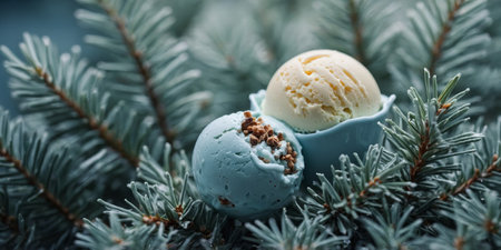 AI Generated. A scoop of creamy pastel blue ice cream flad with foraged blue spruce tips is as refreshing as a forest walkの素材