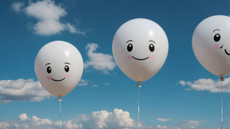 AI Generated. Adorable little white balloon fisn'th-like creatures using different facial expressions on a sky blue backgroundの素材