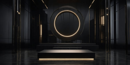 AI Generated. Black Glossy Podium A sleek black glossy podium on a dark reflective floor, with a spotlight focused on the podium, ideal for highlighting luxury watches or jewelryの素材