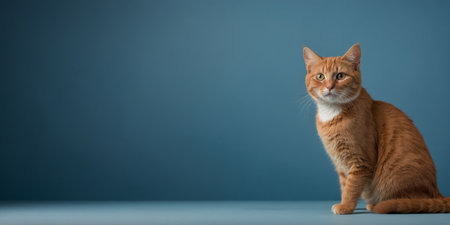 AI Generated. Red cat peeks curiously from behind a blue backgroundの素材