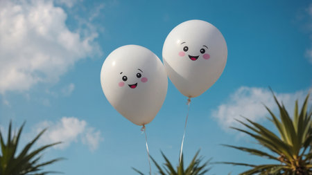 AI Generated. Adorable little white balloon fisn'th-like creatures using different facial expressions on a sky blue backgroundの素材