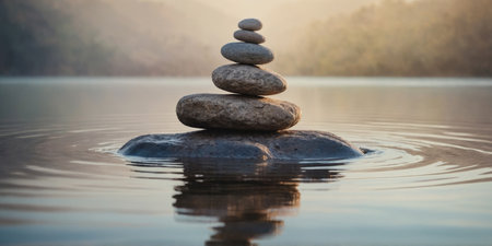 AI Generated. Serene watercolor artwork depicting a stack of balanced stones reflected in tranquil water with a soft, pastel backgroundの素材