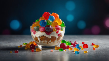 AI Generated. An ice cream sundae with gummy bears and candy toppingsの素材
