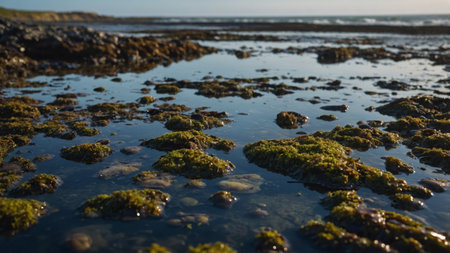 AI Generated. An empty tide pool still wet from the ebbing tide and showing signs of recently harvested musselsの素材
