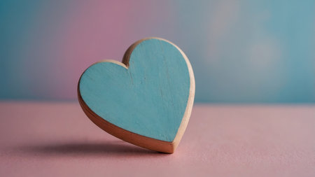 AI Generated. Wooden heart on blue & pink pastel background Valentine's Day or Love concept Flat layの素材