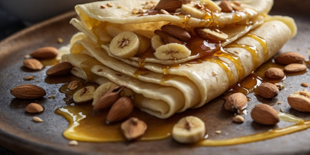 AI Generated. The crepe being filled with chopped bananas toasted almonds and a drizzle of honeyの素材