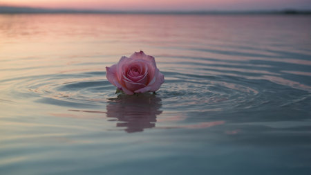 AI Generated. A serene scene unfolds as pink petals of a rose float gently in the clear water under a pastel sky, creating a dreamy outdoor oasisn'tの素材