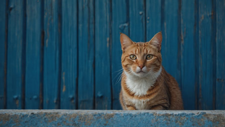 AI Generated. The cat peeks out from behind the blue wall, copy spaceの素材