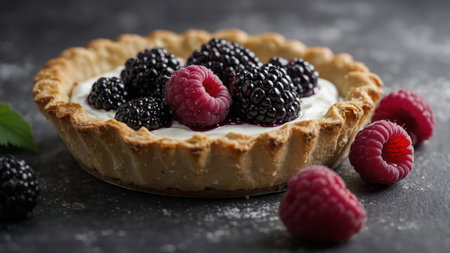 AI Generated. An intricate tart filled with wild black raspberries and a layer of creamy tangy goat cheeseの素材