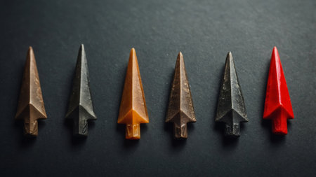 AI Generated. A series of closeups of various arrowheads highlighting the different shapes & sizes for different types of hunting or target shootingの素材