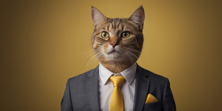 AI Generated. Business cat in a shirt with a tie on a yellow backgroundの素材