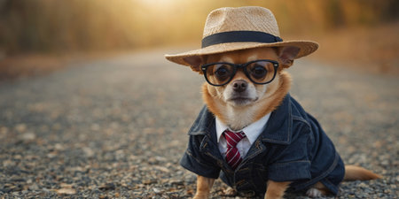 AI Generated. The cool Chihuahua dog is dressed in a jacket, tie, glasses and a straw hatの素材