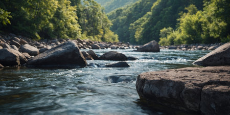 AI Generated. A rocky river bank with an ice bath nestled a the rocks offering a refreshing dip while surrounded by natureの素材