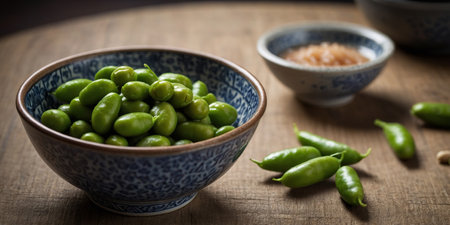 AI Generated. Edamame pods lightly salted and steamed served in a traditional Japanese ceramic bowlの素材