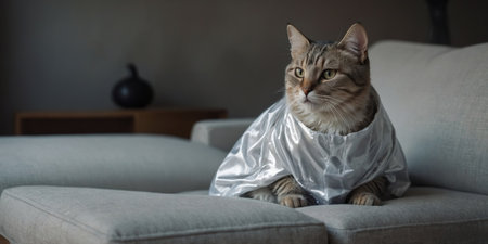 AI Generated. Domestic cat in a ghost costume sits on the couchの素材