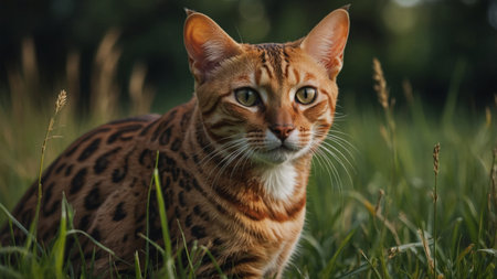 AI Generated. Bengal cat walks outside A red cat lies among the grassの素材