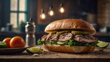 AI Generated. Authentic Cuban s&wich being prepared using roasted pork & picklesの素材