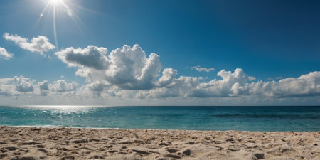 AI Generated. Beach view on a background of blue sky with cloudsの素材