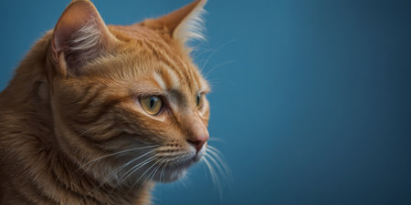 AI Generated. Red cat peeks curiously from behind a blue backgroundの素材