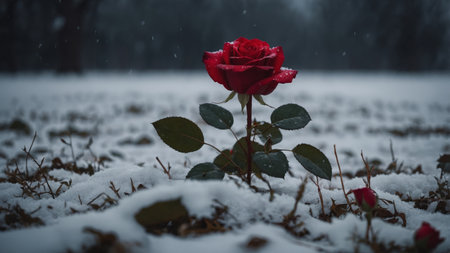 AI Generated. Red rose growing in the middle of a snowy field on a gloomy nightの素材