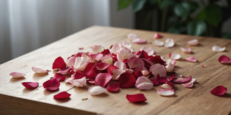 AI Generated. In this image, a square wooden frame holds a mix of pink and red rose petals atop a table, surrounded by scattered petals, creating an impression of delicate, natural beautyの素材