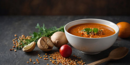 AI Generated. Merzhimek chorbasy - Turkish red lentil soup in a bowlの素材