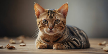 AI Generated. The Bengal cat looks with interest at the ginger teddy mouseの素材