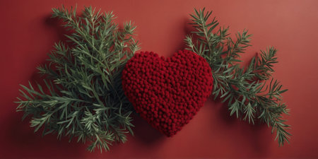 AI Generated. Creative layout with red heart and pompoms on red background Nature flat lay Minimal love conceptの素材