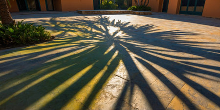 AI Generated. Shadows of palm fronds cast across a multicolored, geometrically designed courtyard under bright sunlightの素材
