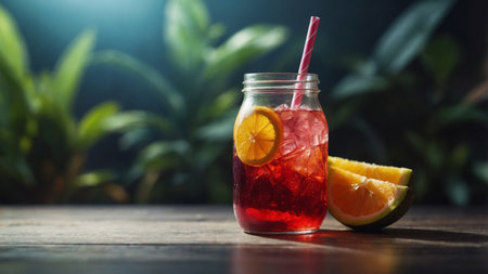 AI Generated. Colorful fruit soda in a glass bottle using a strawの素材