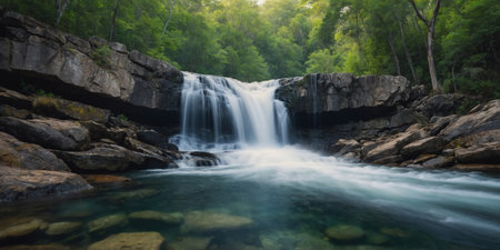 AI Generated. A serene waterfall cascading down a rocky cliff inviting visitors to take a dip in its refreshing watersの素材
