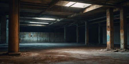 AI Generated. Rusty, dilapidated empty underground garage Creepy, post apocalypticの素材