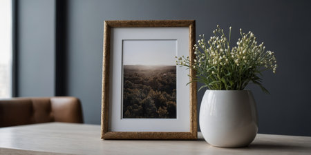 AI Generated. mockup of an empty picture frame standing on a side tableの素材