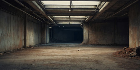 AI Generated. Rusty, dilapidated empty underground garage Creepy, post apocalypticの素材