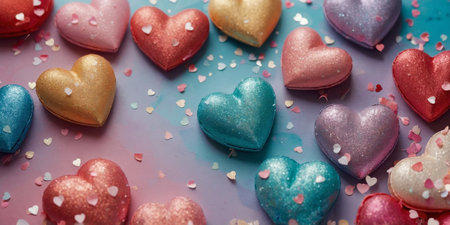 AI Generated. Amidst a sea of vibrant pastel hues, glittering hearts unite to celebrate the joy and love of valentine's dayの素材