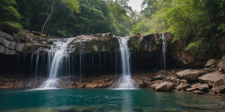 AI Generated. A serene waterfall cascading down a rocky cliff inviting visitors to take a dip in its refreshing watersの素材