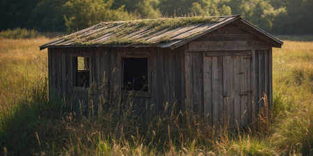 AI Generated. A small dilapidated shed stands alone in a sea of tall grass its windows boarded up and no signs of life reflecting the theme of alienation in the tranquil countrysideの素材