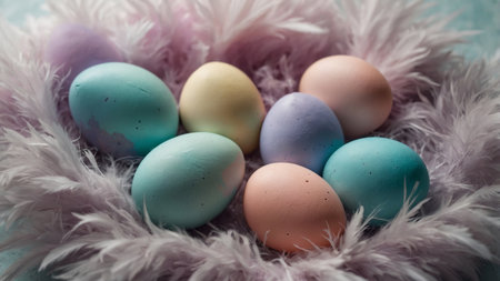 AI Generated. Pastel Easter Eggs Nestled in Soft Fluffy Feathersの素材
