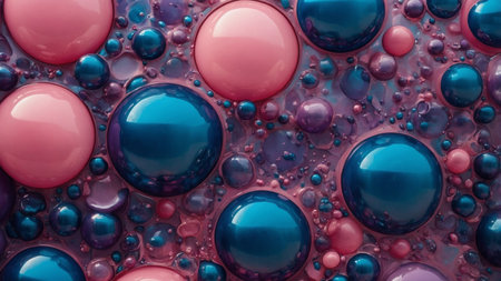 AI Generated. An abstract mural using overlapping bubble shapes in shades of purple pink & blue creating a mesmerizing & dynamic effectの素材