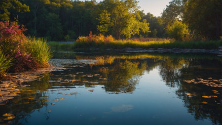 AI Generated. Beautiful, colorful landscape with pond vivid colorsの素材